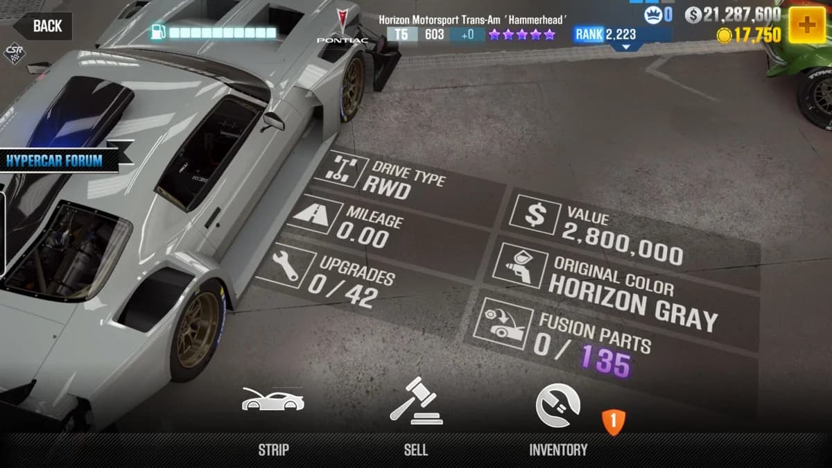 Pontiac Horizon Motorsport Trans-Am 'Hammerhead' CSR2 fusion parts and upgrade breakdown, tier 5 purple star car