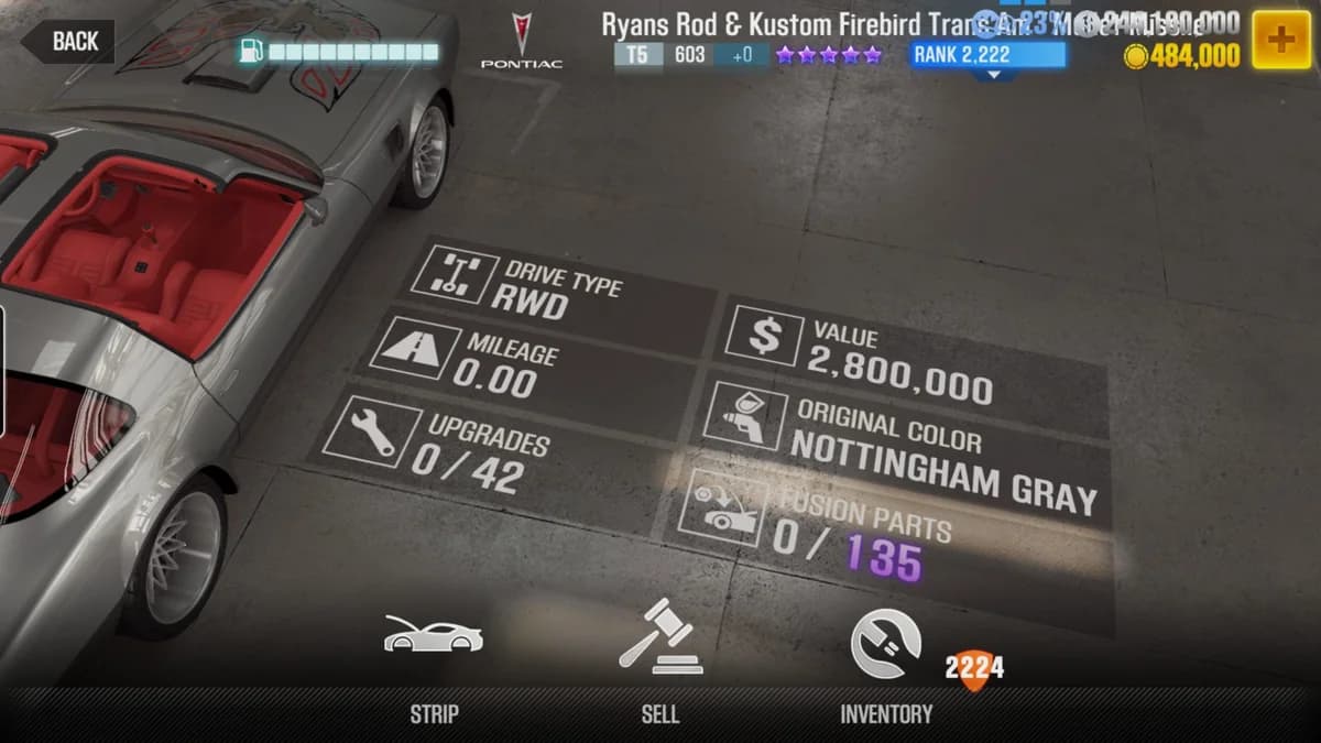 Pontiac Ryans Rod & Kustom Firebird Trans Am 'Mullet Missile' CSR2 fusion parts and upgrade breakdown, tier 5 purple star car