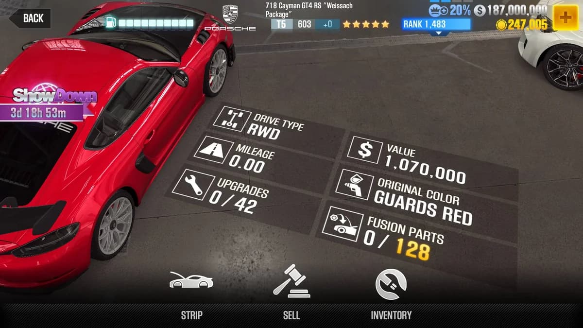 Porsche 718 Cayman GT4 RS ''Weissach Package'' CSR2 fusion parts and upgrade breakdown, tier 5 gold star car