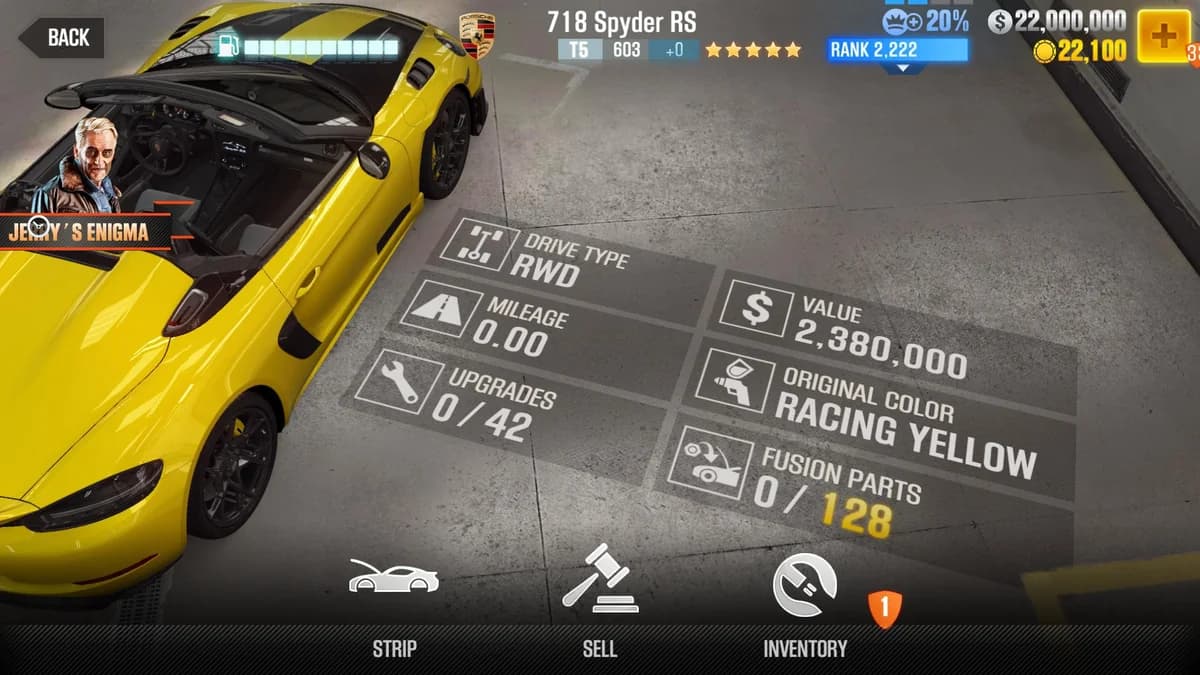 Porsche 718 Spyder RS CSR2 fusion parts and upgrade breakdown, tier 5 gold star car