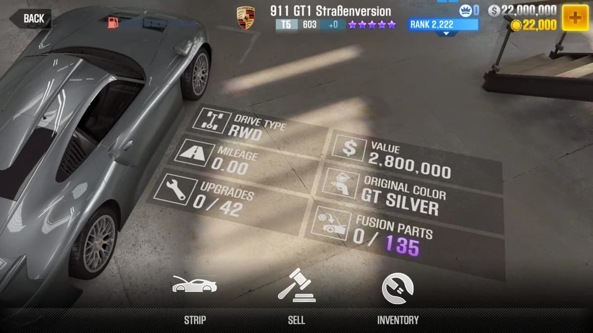 Porsche 911 GT1 Straßenversion CSR2 fusion parts and upgrade breakdown, tier 5 purple star car