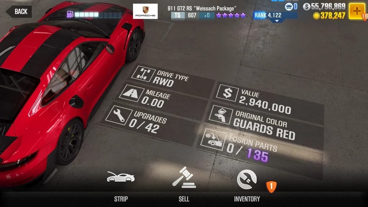 Porsche 911 GT2 RS ''Weissach Package'' (Red) CSR2 fusion parts and upgrade breakdown, tier 5 purple star car