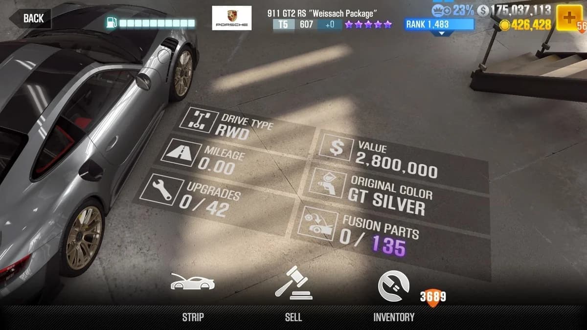 Porsche 911 GT2 RS ''Weissach Package'' (VIP) CSR2 fusion parts and upgrade breakdown, tier 5 purple star car