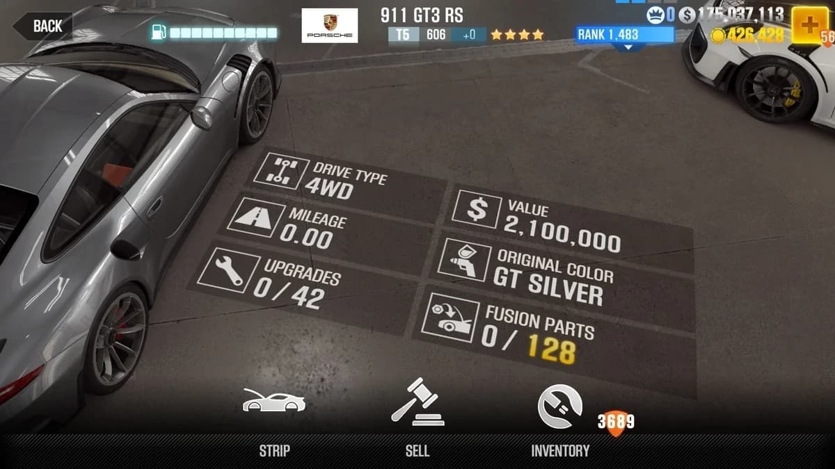 Porsche 911 GT3 RS CSR2 fusion parts and upgrade breakdown, tier 5 gold star car