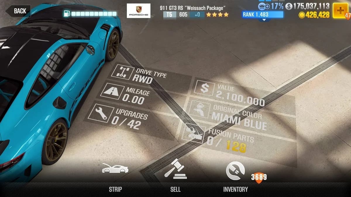Porsche 911 GT3 RS ''Weissach Package'' CSR2 fusion parts and upgrade breakdown, tier 5 gold star car