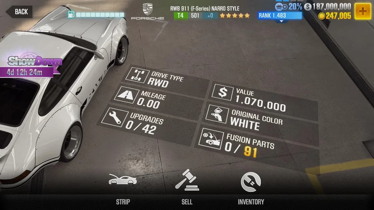 Porsche RWB 911 (F-Series) NARRO STYLE CSR2 fusion parts and upgrade breakdown, tier 4 gold star car