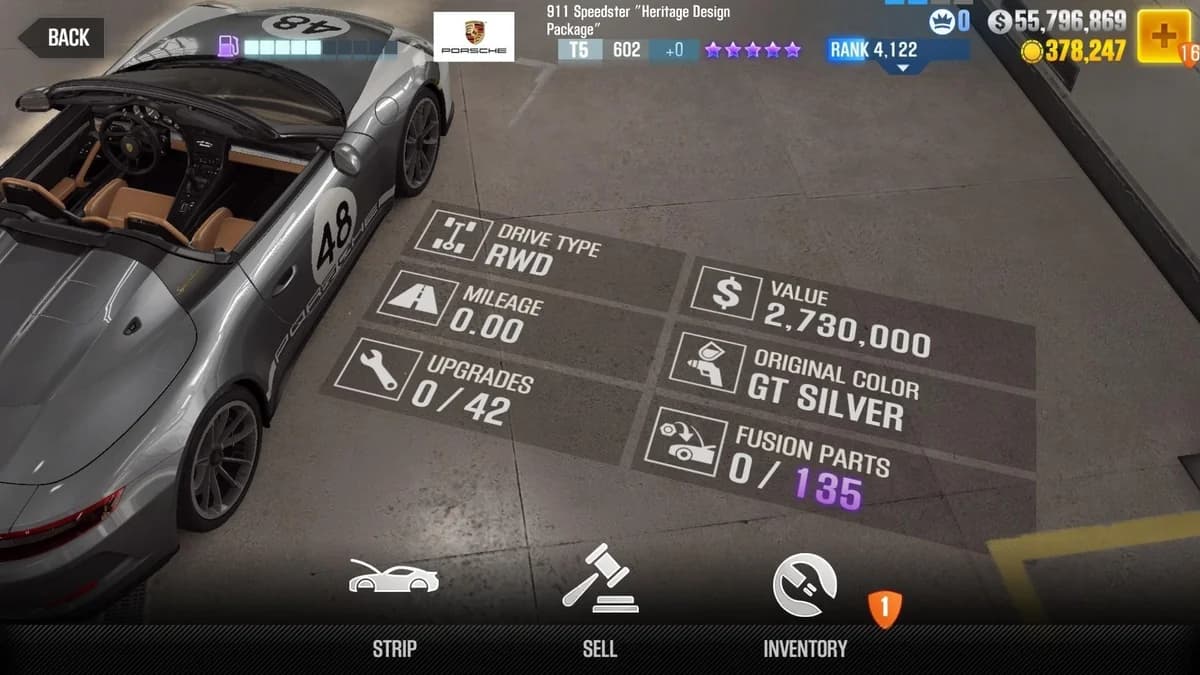Porsche 911 Speedster ''Heritage Design Package'' CSR2 fusion parts and upgrade breakdown, tier 5 purple star car
