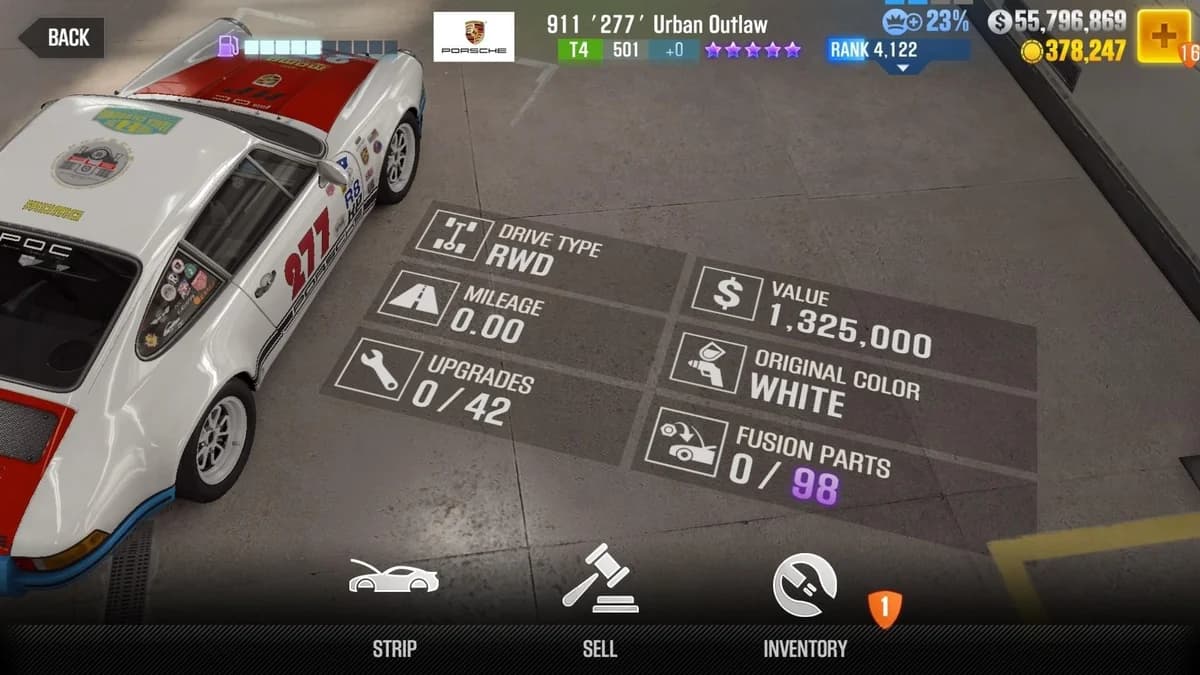 Porsche 911 '277' Urban Outlaw CSR2 fusion parts and upgrade breakdown, tier 4 purple star car
