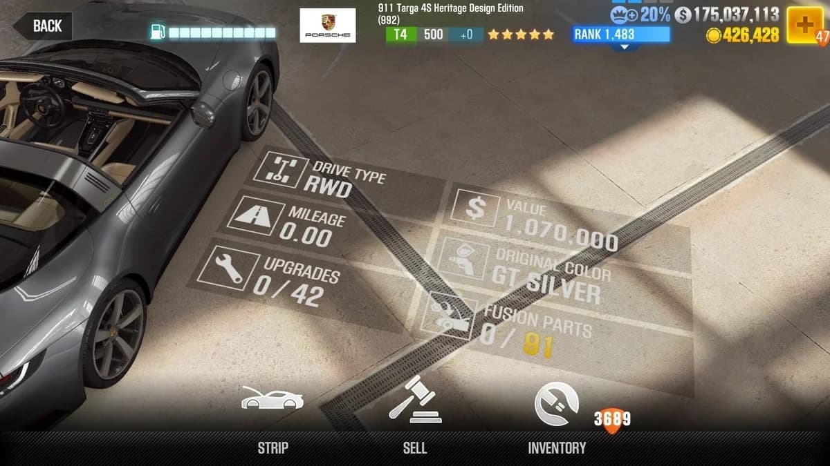 Porsche 911 Targa 4S Heritage Design Edition (992) CSR2 fusion parts and upgrade breakdown, tier 4 gold star car