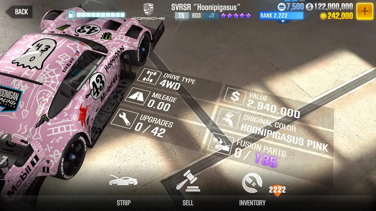 Porsche SVRSR ''Hoonipigasus'' CSR2 fusion parts and upgrade breakdown, tier 5 purple star car