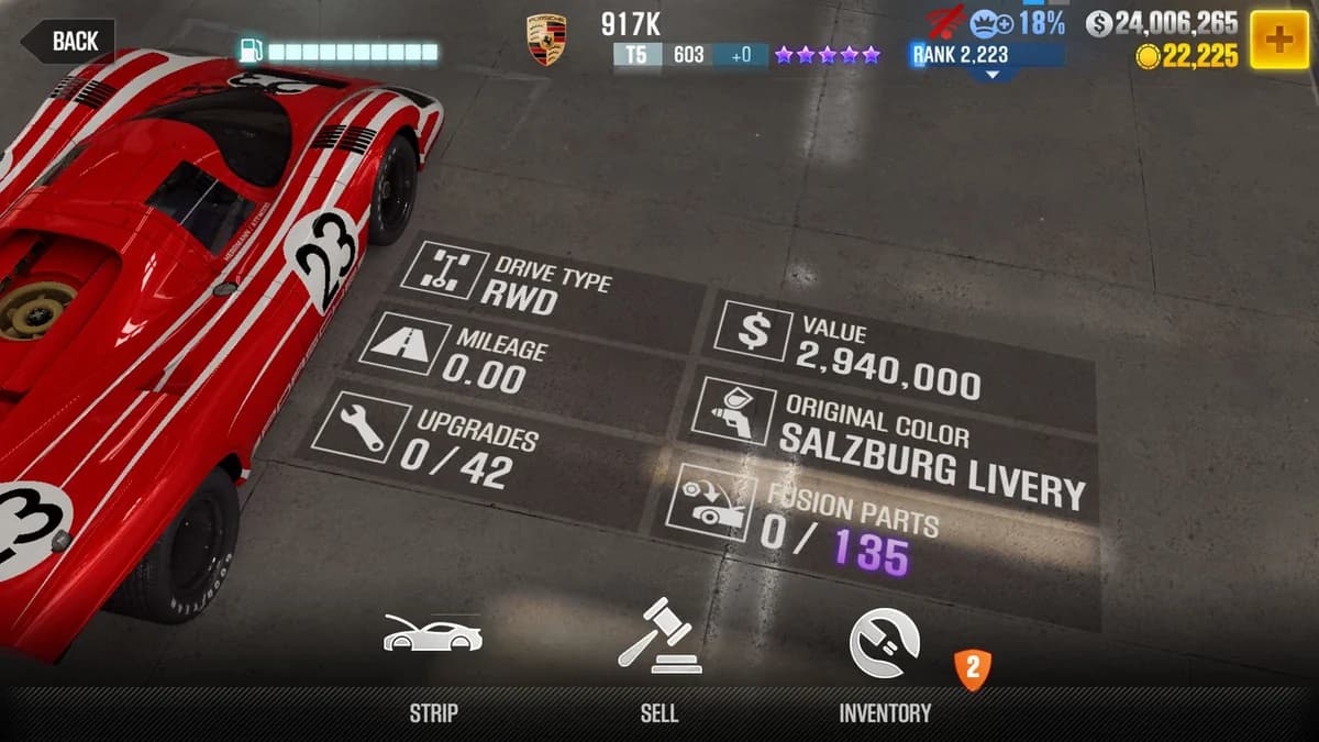 Porsche 917K CSR2 fusion parts and upgrade breakdown, tier 5 purple star car
