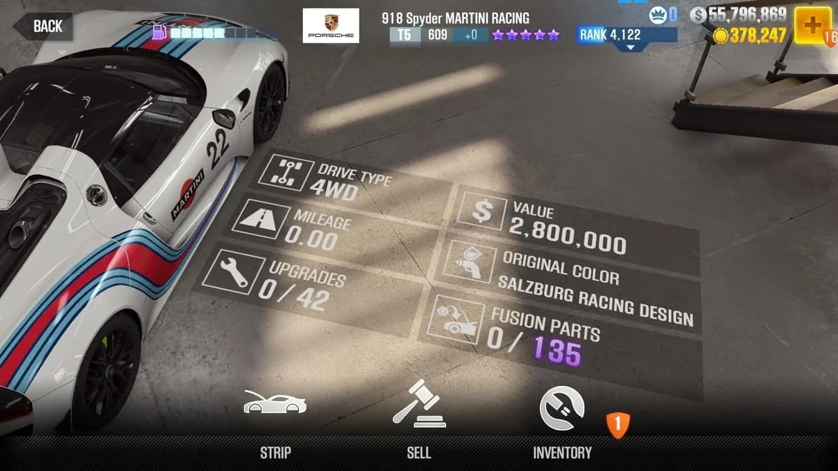 Porsche 918 Spyder MARTINI RACING CSR2 fusion parts and upgrade breakdown, tier 5 purple star car