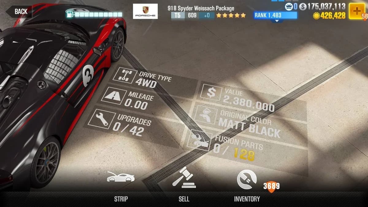 Porsche 918 Spyder Weissach Package CSR2 fusion parts and upgrade breakdown, tier 5 purple star car