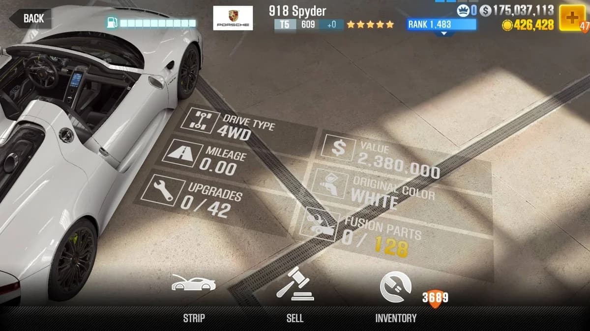 Porsche 918 Spyder CSR2 fusion parts and upgrade breakdown, tier 5 gold star car