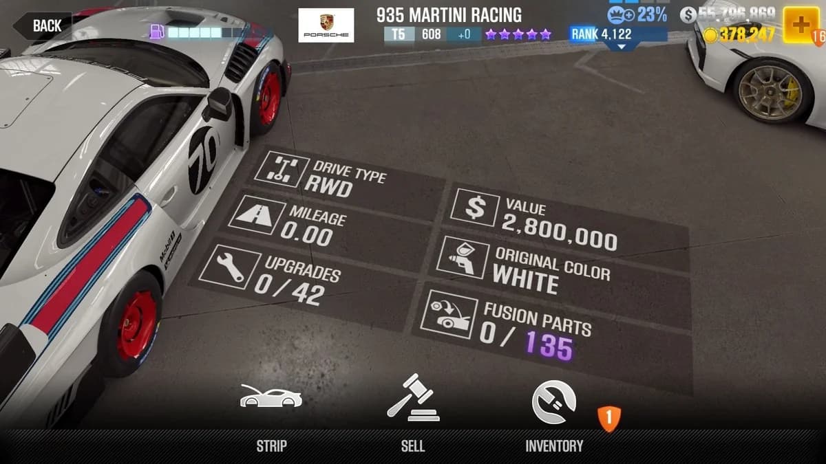 Porsche 935 MARTINI RACING CSR2 fusion parts and upgrade breakdown, tier 5 purple star car