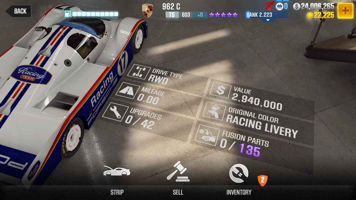 Porsche 962 C CSR2 fusion parts and upgrade breakdown, tier 5 purple star car