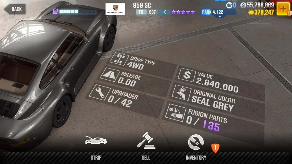 Porsche 959 SC CSR2 fusion parts and upgrade breakdown, tier 5 purple star car