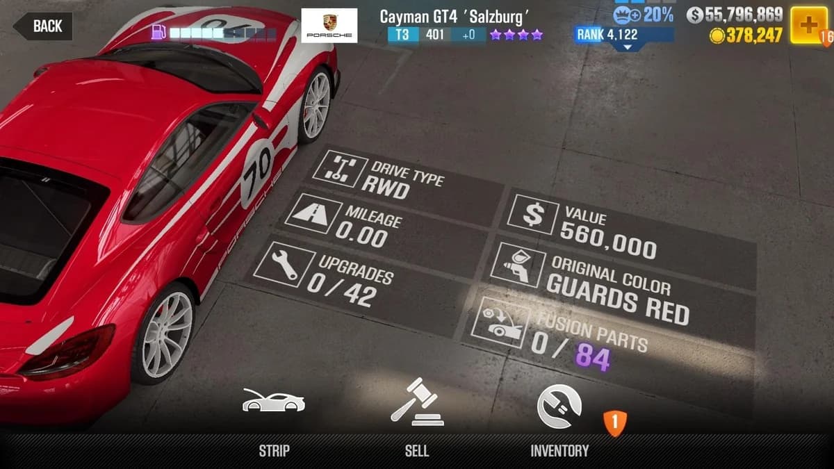 Porsche Cayman GT4 'Salzburg' CSR2 fusion parts and upgrade breakdown, tier 3 purple star car