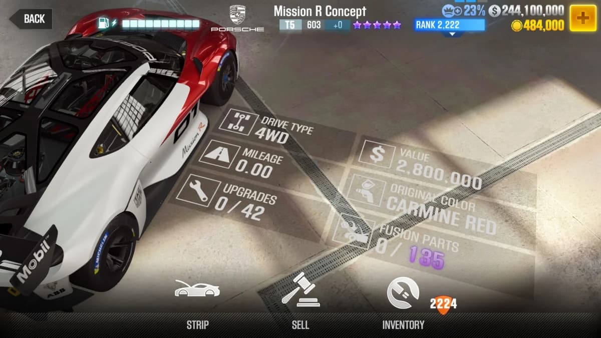 Porsche Mission R Concept CSR2 fusion parts and upgrade breakdown, tier 5 purple star car