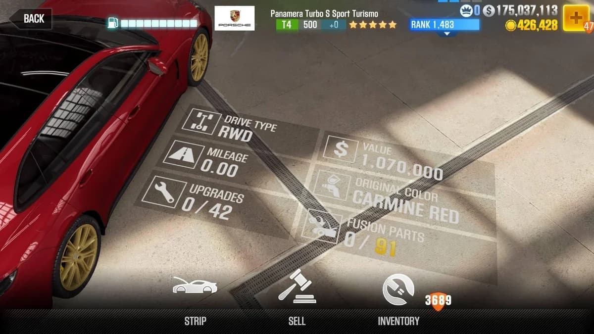 Porsche Panamera Turbo S Sport Turismo CSR2 fusion parts and upgrade breakdown, tier 4 gold star car