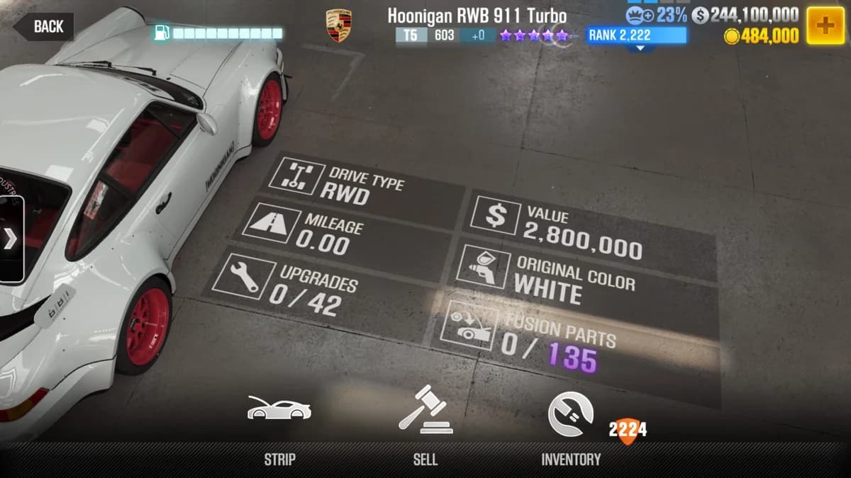 Porsche Hoonigan RWB 911 Turbo CSR2 fusion parts and upgrade breakdown, tier 5 purple star car