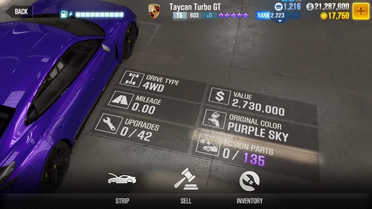 Porsche Taycan Turbo GT CSR2 fusion parts and upgrade breakdown, tier 5 purple star car