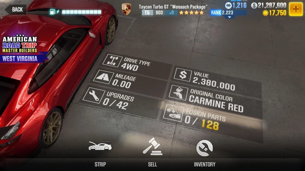 Porsche Taycan Turbo GT ''Weissach Package'' CSR2 fusion parts and upgrade breakdown, tier 5 gold star car