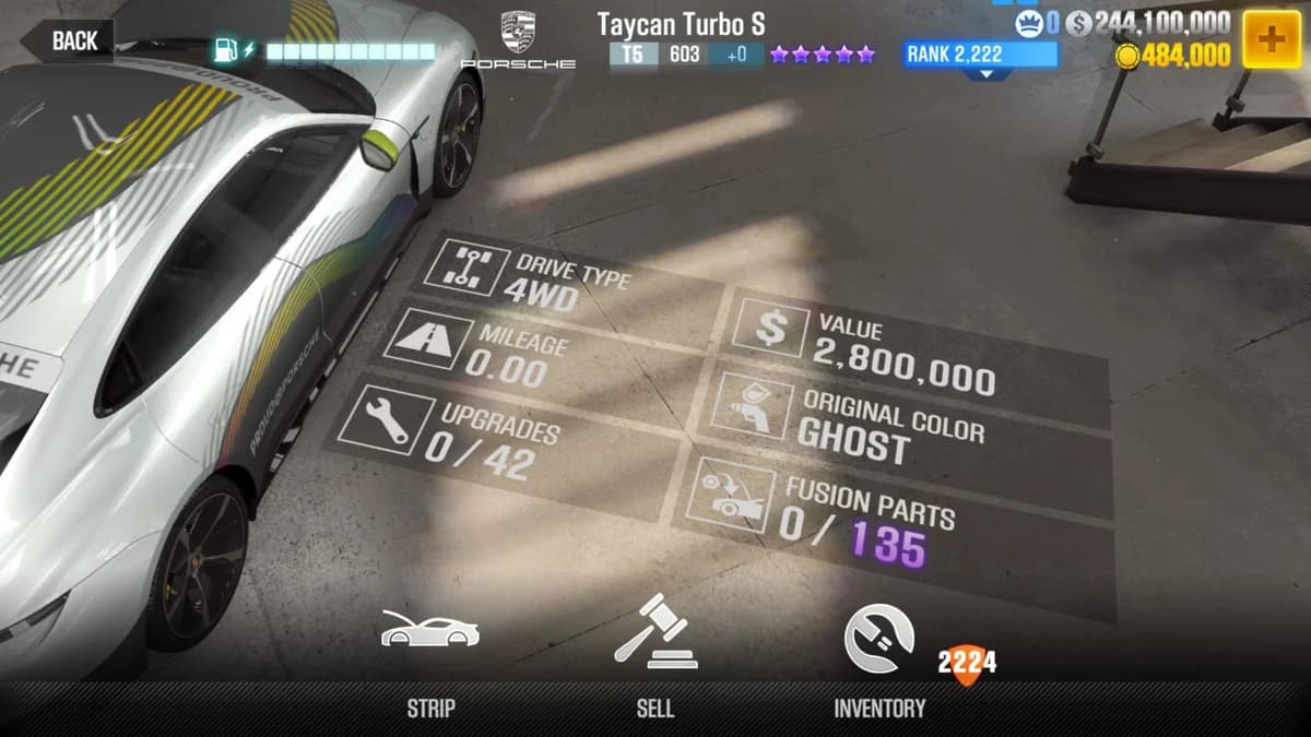 Porsche Taycan Turbo S (Pride) CSR2 fusion parts and upgrade breakdown, tier 5 purple star car