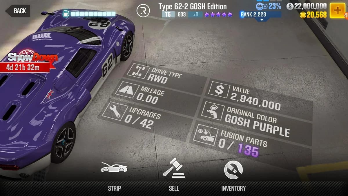 RadFord Type 62-2 GOSH Edition CSR2 fusion parts and upgrade breakdown, tier 5 purple star car