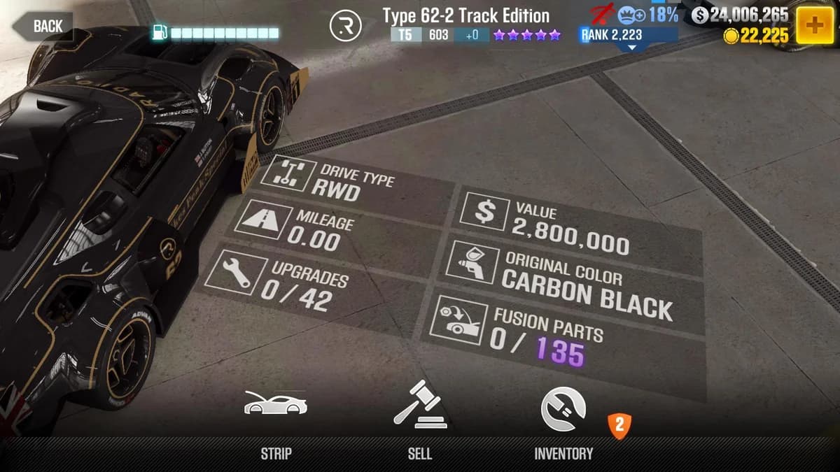 RadFord Type 62-2 Track Edition CSR2 fusion parts and upgrade breakdown, tier 5 purple star car