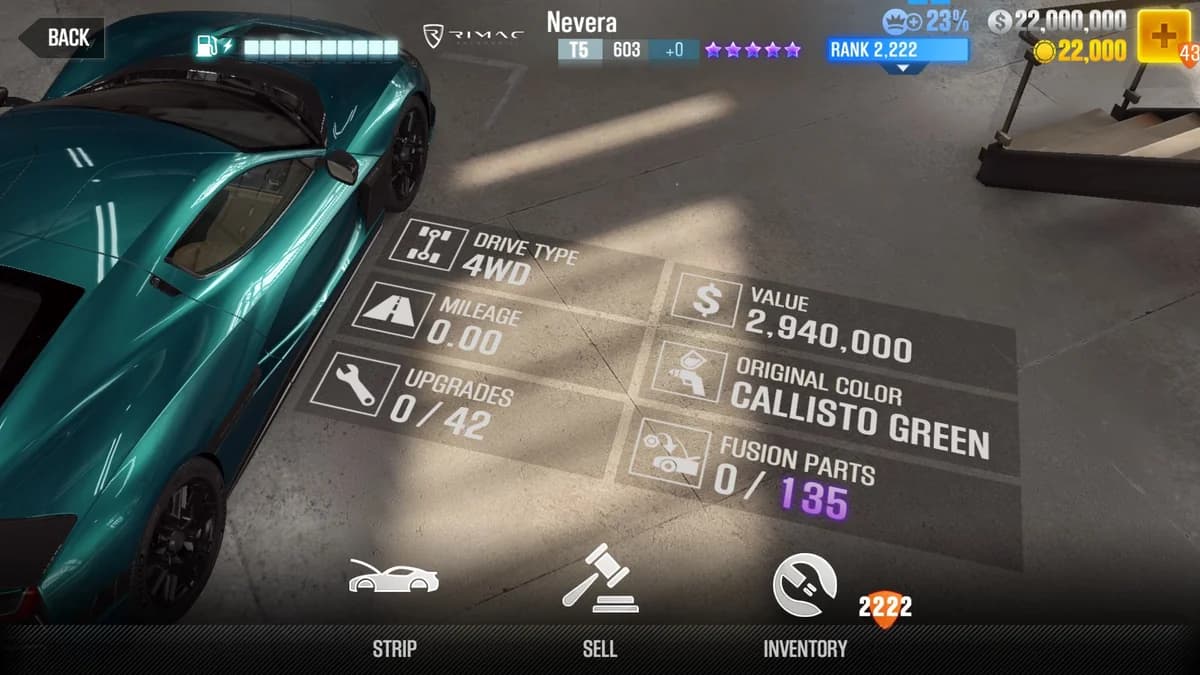 Rimac Nevera Time Attack CSR2 fusion parts and upgrade breakdown, tier 5 purple star car