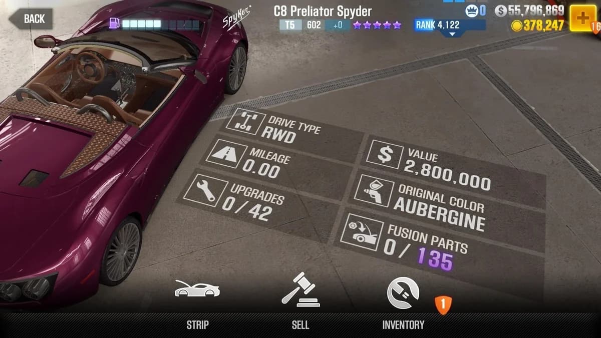 Spyker C8 Preliator Spyder CSR2 fusion parts and upgrade breakdown, tier 5 purple star car
