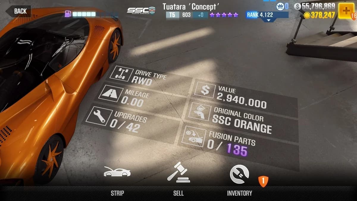 SSC Tuatara `Concept` (Orange) CSR2 fusion parts and upgrade breakdown, tier 5 purple star car