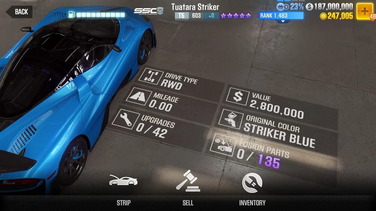 SSC Tuatara Striker CSR2 fusion parts and upgrade breakdown, tier 5 purple star car
