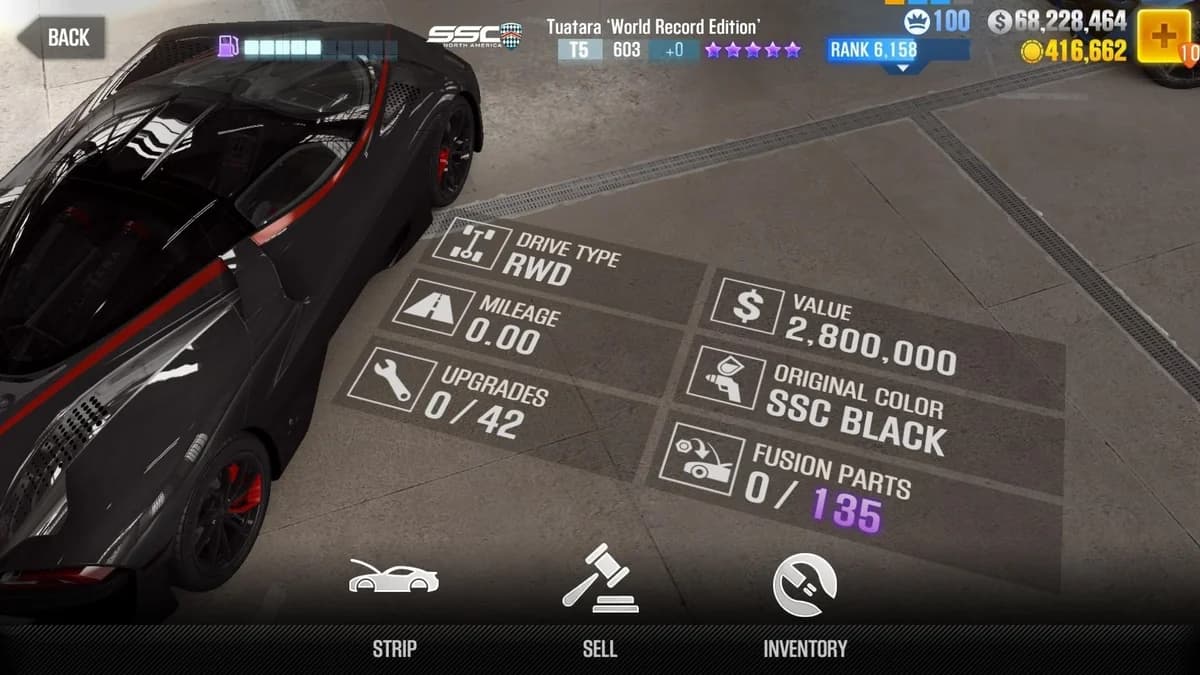SSC Tuatara 'World Record Edition' CSR2 fusion parts and upgrade breakdown, tier 5 purple star car
