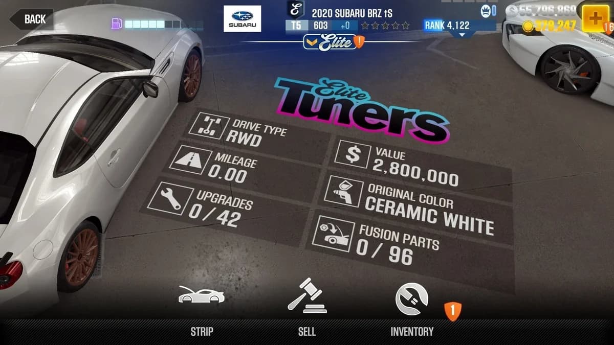 Subaru 2020 BRZ tS (E.C. Level 0) CSR2 fusion parts and upgrade breakdown, tier 5 purple star car