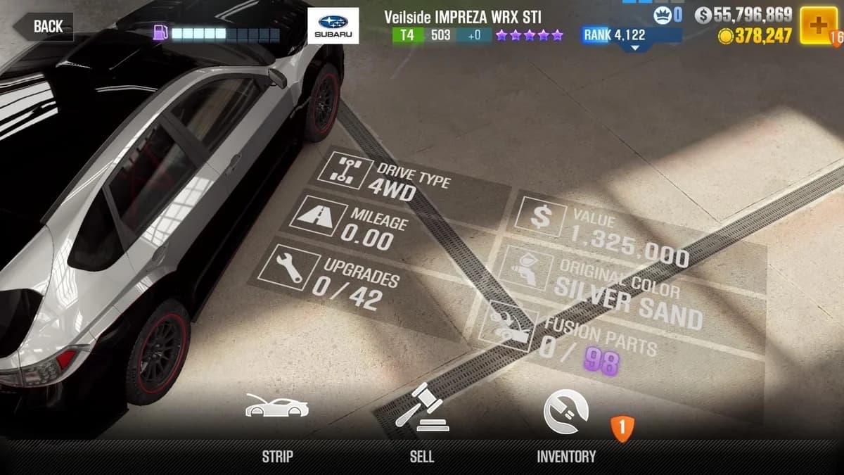 Brian's Subaru Veilside IMPREZA WRX STI (FnF) CSR2 fusion parts and upgrade breakdown, tier 4 purple star car