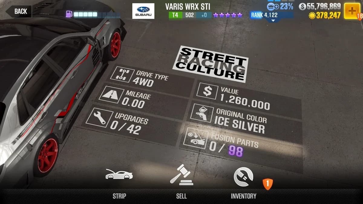 Subaru Varis WRX STI CSR2 fusion parts and upgrade breakdown, tier 4 purple star car