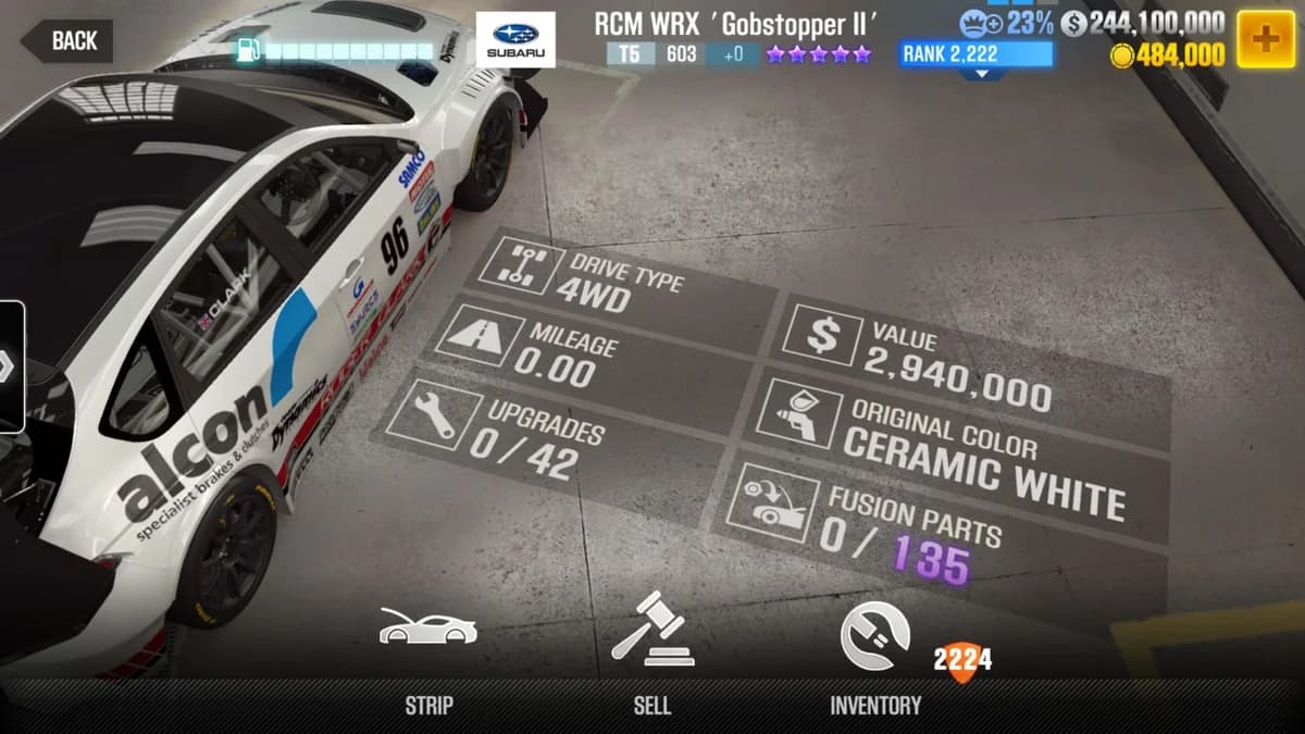 Subaru RCM WRX 'Gobstopper II' CSR2 fusion parts and upgrade breakdown, tier 5 purple star car