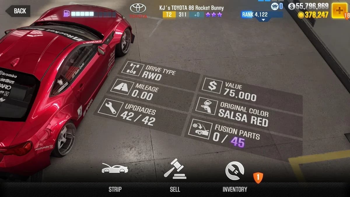 KJ's Toyota 86 Rocket Bunny CSR2 fusion parts and upgrade breakdown, tier 2 purple star car