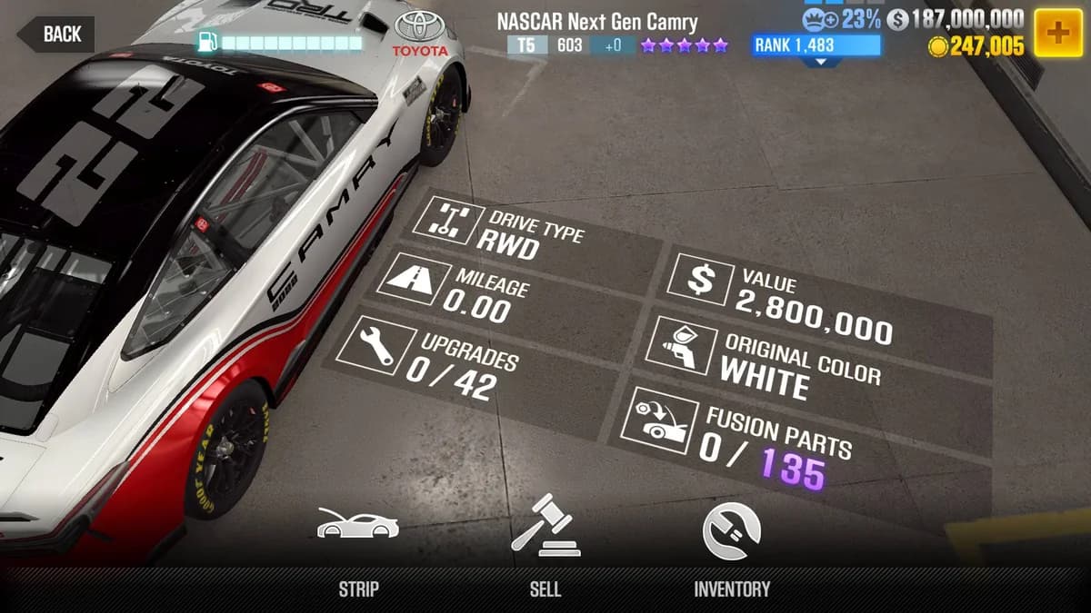 Toyota NASCAR Next Gen Camry CSR2 fusion parts and upgrade breakdown, tier 5 purple star car