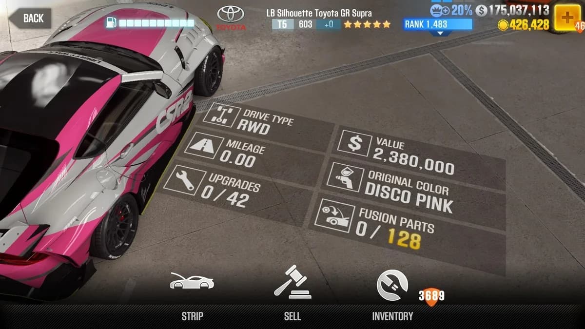 Toyota LB Silhouette Toyota GR Supra CSR2 fusion parts and upgrade breakdown, tier 5 gold star car