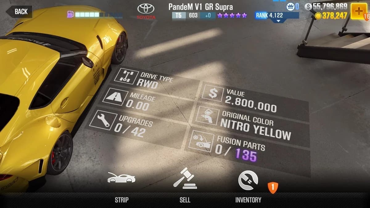 Toyota PandeM V1 GR Supra CSR2 fusion parts and upgrade breakdown, tier 5 purple star car
