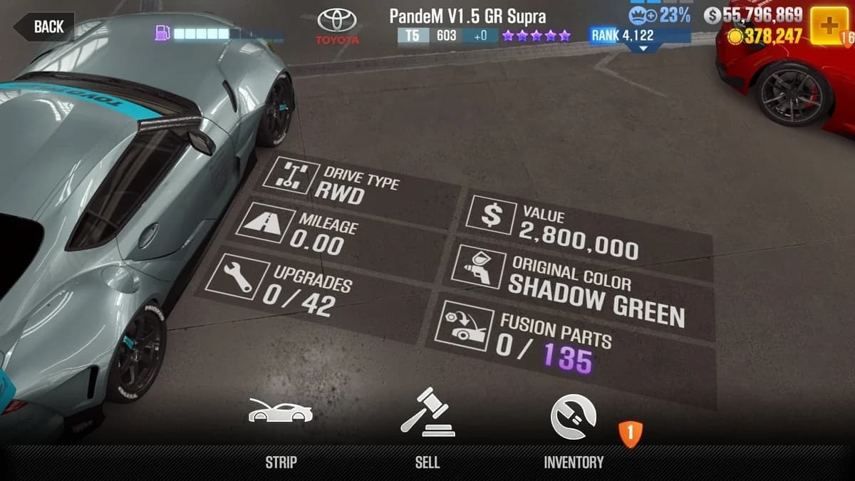 Toyota PandeM V1.5 GR Supra CSR2 fusion parts and upgrade breakdown, tier 5 purple star car