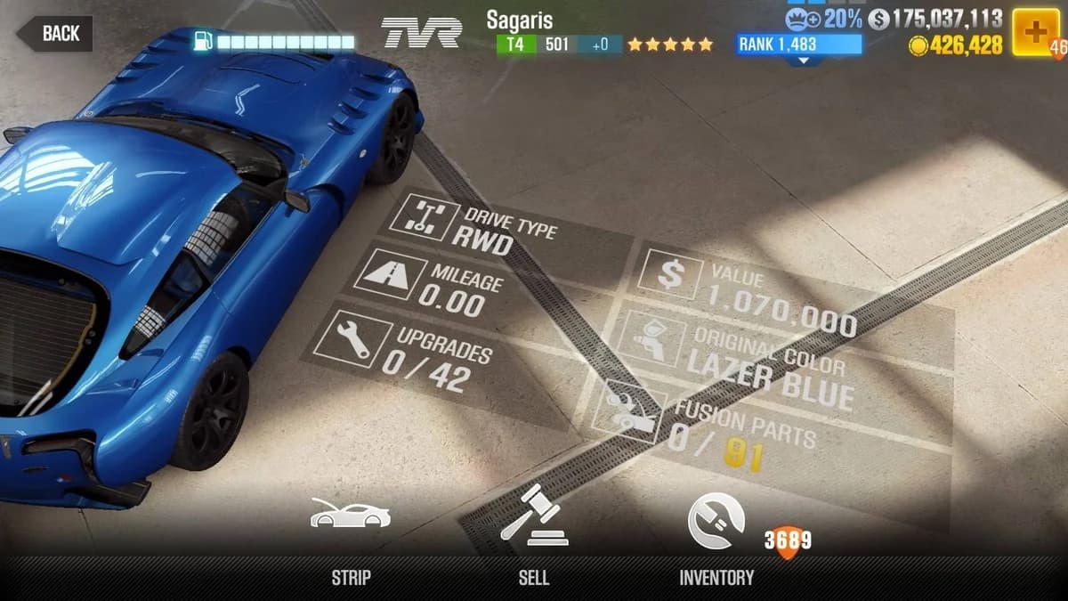 TVR Sagaris (BoB) CSR2 fusion parts and upgrade breakdown, tier 4 purple star car
