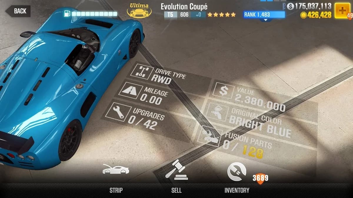 Ultima Evolution Coupe CSR2 fusion parts and upgrade breakdown, tier 5 gold star car