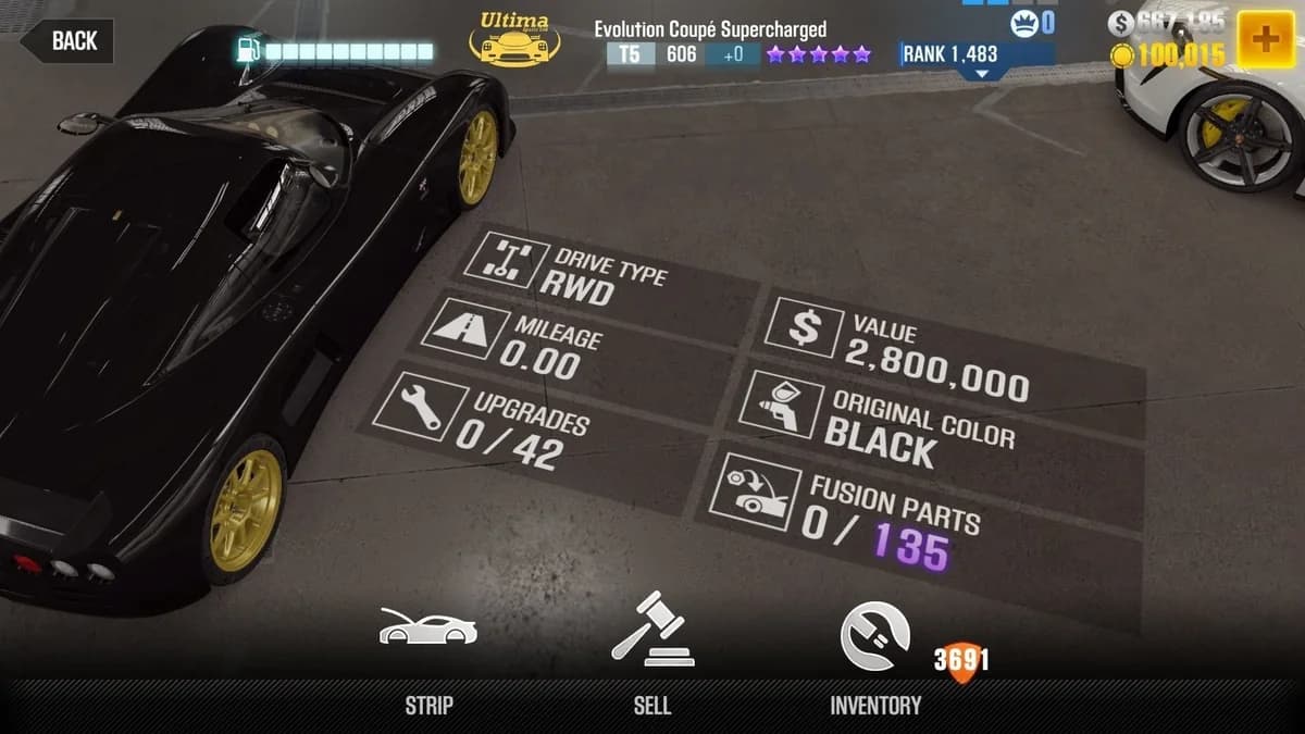 Ultima Evolution Coupe Supercharged CSR2 fusion parts and upgrade breakdown, tier 5 purple star car