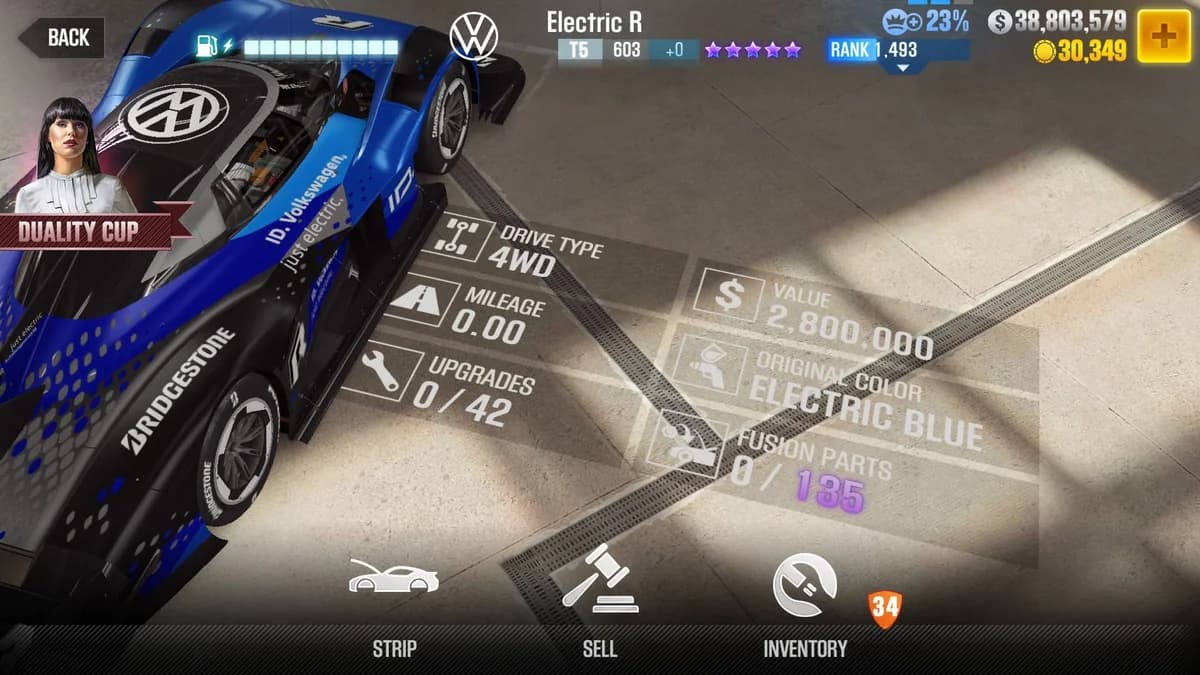 Volkswagen Electric R CSR2 fusion parts and upgrade breakdown, tier 5 purple star car