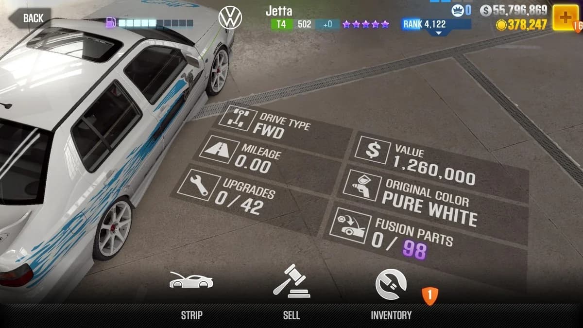 Jesse's Volkswagen Jetta (FnF) CSR2 fusion parts and upgrade breakdown, tier 4 purple star car