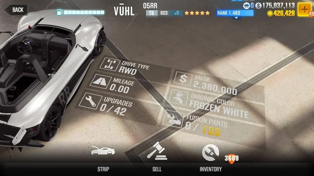 VUHL 05RR Fighter CSR2 fusion parts and upgrade breakdown, tier 5 purple star car